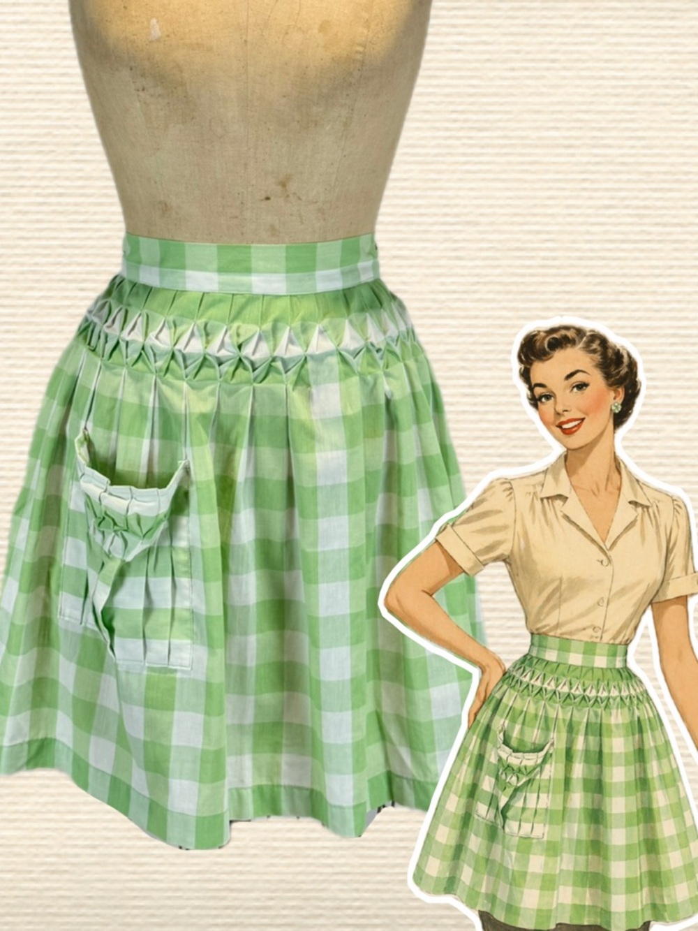 VINTAGE green‎ gingham half apron checkered plaid smocked pocket kitchen chore